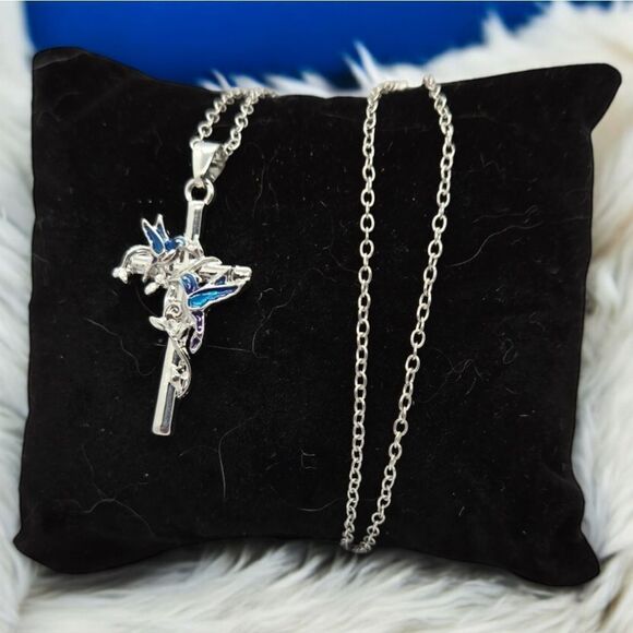 Hummingbird Blue Bird Silver Cross Necklace Good Luck Pendant Get Well Jewelry - Picture 1 of 5